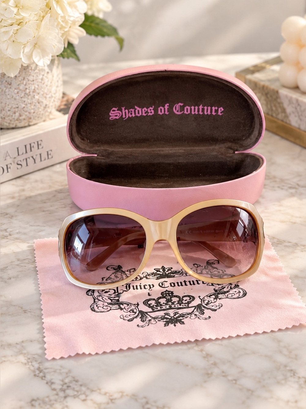Juicy Couture Gold Oversized Sunglasses with Pink Case and Cloth